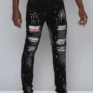 Men's Black and Multicolor Distressed Skinny Jeans 32x32